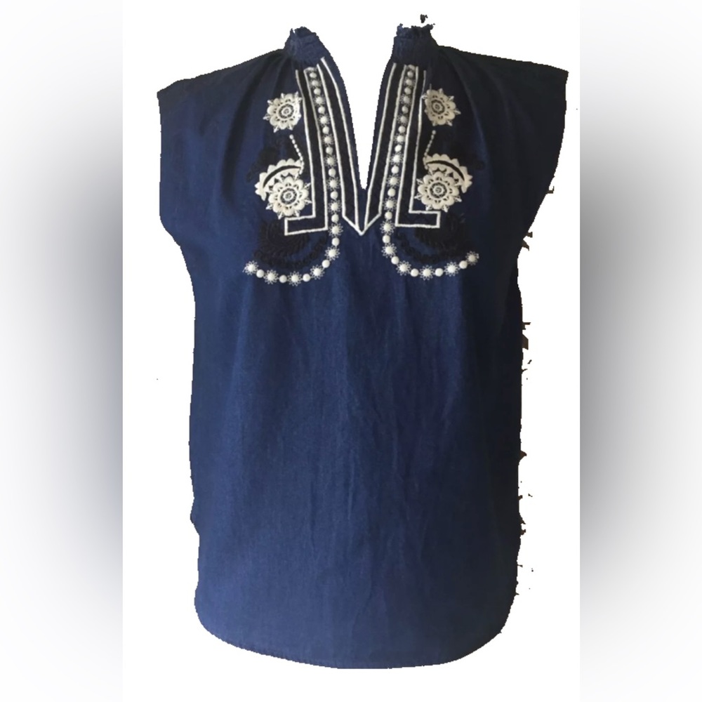 Anthropologie Ne Quittez Pas Embroidered Ruched-Neck Top Size S